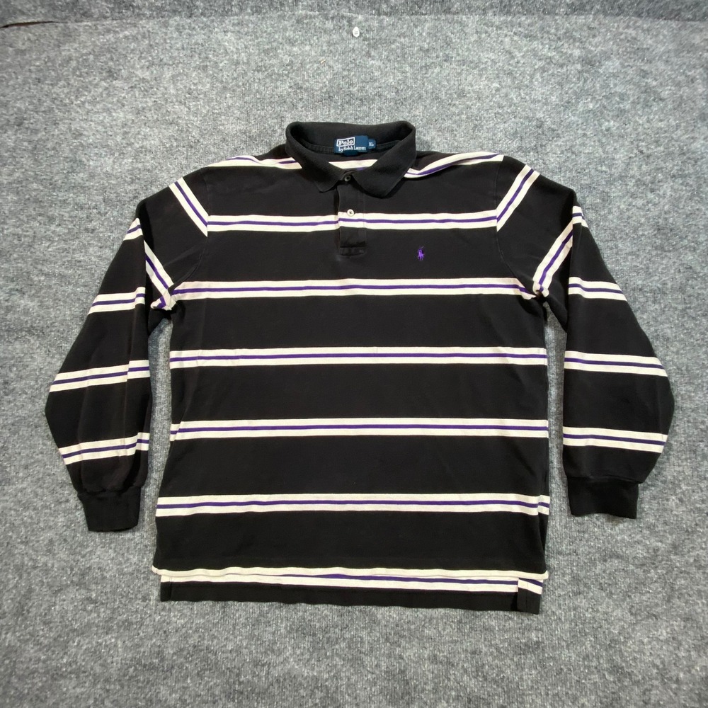 Polo Ralph Lauren Mens XL Long Sleeve Striped Polo Shirt Black Purple White